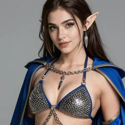 alluring highly detailed close-up portrait of beautiful elf Shani (from Witcher 3) wearing chesty chainmail bikini and a blue cloak, very detailed, realistic, manga, pen and ink, by Stanley Artgerm Lau, greg rutkowski, thomas kindkade, alphonse mucha, loish, norman rockwell J.