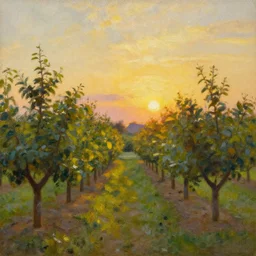 rows of an orchard at sunset, impressionist painting, oil on canvas, golden hour, beautiful lighting