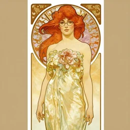 Art nouveau vertical poster of a gorgeous redheaded woman with glasses wearing a flower dress, elegant pinup, in the style of Alphonse Mucha