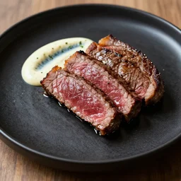 A steak, fried rare, served on a black plate with some herb sauce