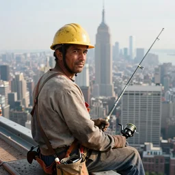 closeup portrait of a construction worker with a fishing rod sitting on a metal beam high over new york city, photography, time magazine
