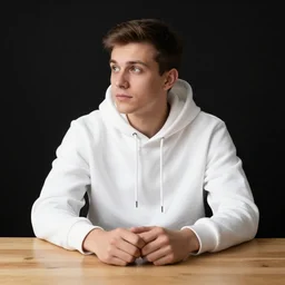 guy in white hoodie sitting alone at a wooden table. black background