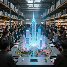 large group people in a glass warehouse, looking at hologram of futuristic city on a table | cinematic concept art | godrays | 4 k | clear details | tabletop model | tabletop model | hologram center