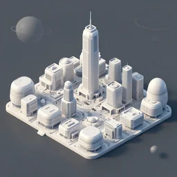 isometric view of a small town on an alien planet, the building are made from modular capsules, from a space themed point and click 2D graphic adventure game, made in 1999, high quality graphics