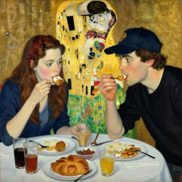 a painting of two people eating breakfast, one is female asa Butterfield mixed with pam beesly, the other is a man with brown hair wearing a baseball cap, the man is wearing a baseball cap, by gustav klimt