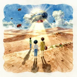 anime movie screenshot, paper texture, ( ( detailed watercolor ) ) characters by tatsuyuki tanaka, vanishing point,, by ghibli!!! nausicaa!!, desert!!!, rim light, long shadows, bright, scenic, miyazaki, vibrant, motion, airship, flying beetles