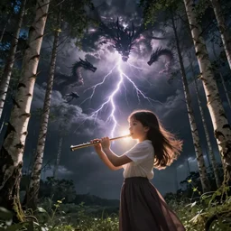 young girl playing flute, birch forest clearing, storm at night, lightning dragons attack, low angle facing sky, cinematic, dramatic lighting, big storm clouds, high contrast, artstation, fine art, greg rutowski, ghibli, hosada