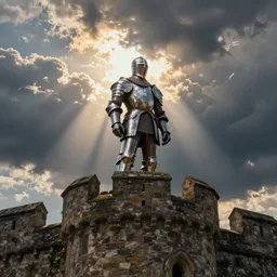 Templar knight standing on top of a castle wall, Thunderclouds in the sky, sun shining through clouds, crepuscular rays, painting by Rembrandt