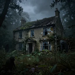 photorealistic, ruined english bungalow, overgrown vegetation, in the forest, apocalypse, night, fog, shadowy creatures lurking in foliage, hyperrealistic, grimdark, artstation