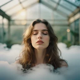 a vintage analog head and shoulder frontal face portrait photography of a beautiful woman surrounded inside a greenhouse full of clouds by mark owen. long hair. vogue. closed eyes. kodak portra 8 0 0 film. shallow depth of field. ( depth of field ). whirl bokeh!!. golden hour. detailed. hq. realistic. warm light. muted colors. filmic. dreamy. lens flare. mamiya 7 ii, f / 1. 2, symmetrical balance, in - frame