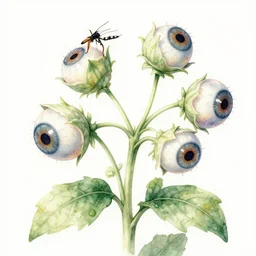 A plant with human eyeballs at the end of its stalks. 8k high resolution, extremely detailed. Naturalistic watercolor botanical illustration.