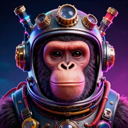 movie poster of a smiling ape head with a steampunk space helmet with multicolored glowing tubes and cables, crisp, trippy, fluorescent colors, insanely detailed, 3 d render, front shot, 3 5 mm