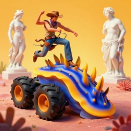 a cowboy turning into blooms by slim aarons, by zhang kechun, by lynda benglis, by frank frazetta. tropical sea slugs, angular sharp tractor tires. bold complementary colors. warm soft volumetric light. national geographic. 8 k, 3 d render in octane, smooth gradients. a manly cowboy riding by edward hopper. sculpture by antonio canova. blue yellow orange