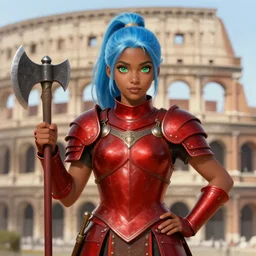 frontview portrait of gladiator warrior lady, young, beautiful, graceful, dark skin, light blue hair, ponytail, big open green eyes, cute, red heavy armor, axes, posing, coliseum background, love interest, highly detailed, smooth, sharp focus, digital painting, by artgerm and greg rutkowski and alphonse mucha