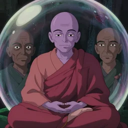 a film still portrait of a mauve old monk meditating inside a bubble in paradise. finely detailed features, closeup at the faces, chronenberg, perfect art, grimdark, trending on pixiv fanbox, painted by studio ghibli