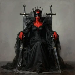 full body portrait of red skinned, masked queen in black gothic robes sitting on a throne of swords, elegant, highly detailed painting by gaston bussiere, craig mullins, j. c. leyendecker, 8 k, mid shot