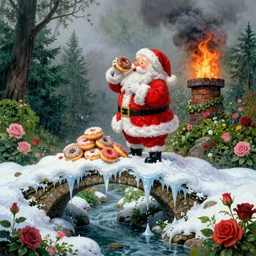 santa klause eating a pile of doughnuts on candy mountain, ornate, beautiful, atmosphere, vibe, mist, smoke, fire, chimney, rain, wet, pristine, puddles, melting, dripping, snow, creek, lush, ice, bridge, green, forest, roses, flowers, by stanley artgerm lau, greg rutkowski, thomas kindkade, alphonse mucha, loish, norman rockwell