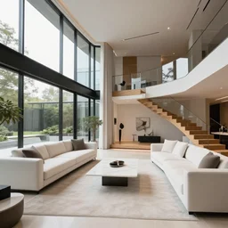 A modern style living room with floor to ceiling glass windows on the left and wooden stairs going upstairs on the right, two white sofas with a white marble table in the center, stairs to the second floor, 8k resolution, professional interior design photograph, wide angle photograph