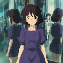 a young witch in a hall of mirrors, many reflections, [ [ [ anime by yoshitoshi abe, serial experiments lain, haibane renmei, texhnolyze ] ] ] studio ghibli, makoto shinkai, crisp and sharp, clear cute face, cel shaded