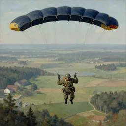 wormseye view of paratrooper in descent, matte painting in the style of simon stalenhag