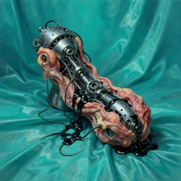mechanical mitosis, chiaroscuro!, minimalism, sfumato!, flesh bound to metal, loose wires, black oily ooze, hyperrealism, surrealism, realistic cyan shaded lighting, vibrant, cell shaded, reflective fabric, refractive surfaces, by ilya kuvshinov and greg rutkowski and gil elvgren