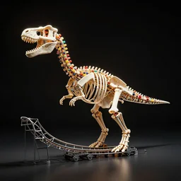 Simple bionic exploded drawing dinosaur skeleton sculpture made from rollercoaster, with colorfull jellybeans organs, by david lachapelle, by angus mckie, by rhads, in a dark empty black studio hollow, c4d, at night, rimlight, rimight, rimlight