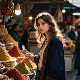 lonely girl in the market in tunis, spices, warm air, vibrant colors, high contrast photograph, kodak, analog