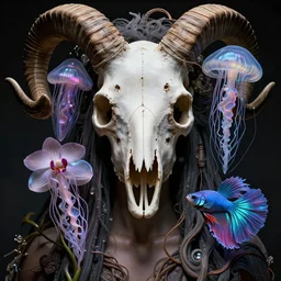 horizontally symmetrical!!! goddess close - up portrait human skull, ram skull, squid phoenix jellyfish, orchid, betta fish, bioluminiscent, intricate artwork by tooth wu and wlop and beeple. octane render, trending on artstation, greg rutkowski very coherent symmetrical artwork. cinematic, hyper realism, high detail, octane render, 8 k