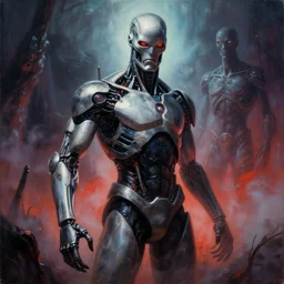 bionic man nightmare dream, beksinski, giger, large painting, extremely detailed, realistic light, colored fog