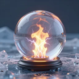 glass sphere fire light inside on ice, 4k, HD, octane render, artstation, volumetric lightning, ultra detailed, realistic reflections