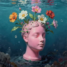 Thomas Cole, Thomas Cole, award winning masterpiece with incredible details, Thomas Cole, a surreal vaporwave vaporwave vaporwave vaporwave vaporwave painting by Thomas Cole of an old pink mannequin head with flowers growing out, sinking underwater, highly detailed Thomas Cole