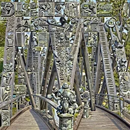 an old wood bridge with sculptures viewed from a deep perspective, trees in the background, art by James Jean and Wayne Barlowe, high detail, cinematic, cgsociety 8k