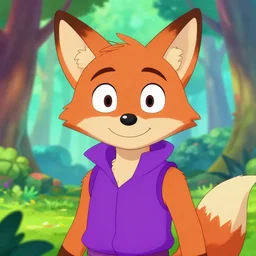don bluth, artgerm, artstation, clockpunk anthropomorphic fox girl, purple vest, smiling, symmetrical eyes symmetrical face, bright colorful forest background