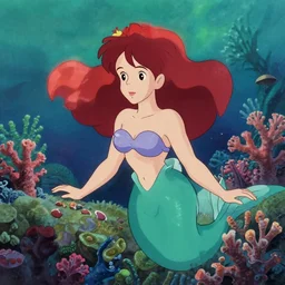 brilliant portrait of a soft dreamy mermaid with corals for hair, underwater verdant coral wonderland, matte painting from Fantasia (1940), in the gritty noisy analog style of Ghibli and 1960s americana