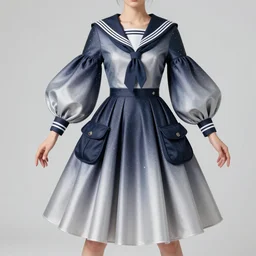 designer figure collection ball shaped accordion sleeve haute couture, sailor uniform, midi skirt, coat pleats, synthetic curves striking pose, dynamic folds, cute huge pockets hardware, volume flutter, youthful, modeled by modern designer bust, body fit, award fashion, stardust gradient scheme, light holographic tones, expert composition, high detail, professional retouch, editorial photography