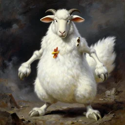 a dramatic and detailed oil painting of absol from pokemon and a natural disaster by thomas cole and ken sugimori | absol has white fur, spurs, a sheep's face, each of it's four limbs ends in large paws with three clawed talons, the floof of a white silkie chicken shaped like a sleek edgy wolf