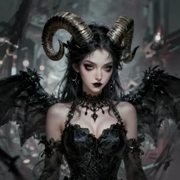 cool and bored looking succubus, portrait of a lady demon all dressed in black, beautiful face and eyes, ram horns on her head, highly detailed, cel shaded, cinematic shot, trending on artstation, blurry background, high quality, detailed and chaotic background, brush strokes all over, by tom bagshaw and jama jurabaev