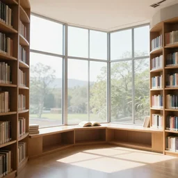 a reading nook by gigantic windows with sunlight streaming through in a library