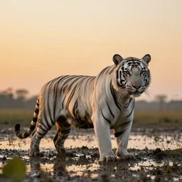 sunset photo of a very mud muddy slightly white tiger in a swamp in the dark sunset, fur with mud, muddy fur, 300 mm depth of field bokeh