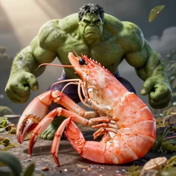 a detailed and accurate huge pink shrimp crustacean mixed with the incredible hulk, ultra realistic digital artwork