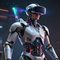a beautiful photo of a middle - aged bionic male cyborg, cyberpunk, intricate wiring, electronic components, color diodes, vr helmet, volumetric light, photography, dynamic lighting, color, intricate, extremely detailed, photorealistic, stunning, unreal engine 5