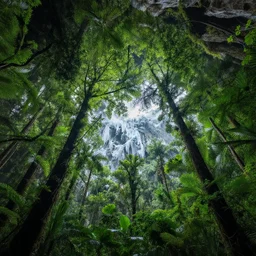 there is a jungle of lush green trees hanging upside - down from the cavern ceiling, intermingling with the frozen tundra