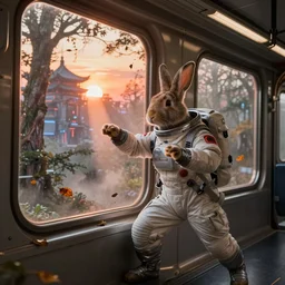 A rabbit practicing kung fu in a space suit in a subway full of trees with a cyberpunk temple outside the window, sunset with falling leaves, Tyndall rays, light through the mist, dramatic lighting, photorealistic, cinematic lighting, high detail, cinematic feel, high octane, 4K, Unreal Engine, digital render, intricate, ultra realistic, concept art