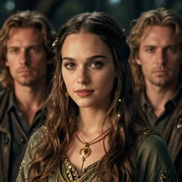 a realistic and very beautiful and atmospheric portrait of a young natalie portman as a druidic wizard looking at the camera with an intelligent but seductive gaze by rebecca guay, michael kaluta, charles vess and jean moebius giraud