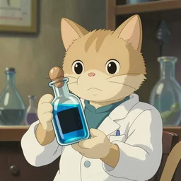 a cat dressed as a scientist holds a modern transparent little bottle filled with vivid blue iridescent liquid, there is a black square on the bottle, art by studio ghibli, concept art, sharp focus