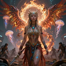 eldritch druid photograph tribal princess , on a battlefield, high tech, cyberpunk, dystopian, jellyfish phoenix dragon, butterfly squid, burning halo, intricate artwork by Conrad Roset and Brooke Shaden, very coherent artwork, cinematic, hyper realism, high detail, octane render, unreal engine, 8k, Vibrant colors, Smooth gradients, High contrast, depth of field,