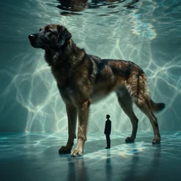 the giant dog, liminal space, water caustics, film still from the movie directed by denis villeneuve and david cronenberg with art direction by h. r. giger and salvador dali, wide lens