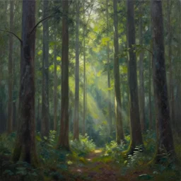 An oil painting of an intensely beautiful forest in the morning with straight vertical trees; rays of light coming through the canopy; trending on artstation; extraordinary masterpiece!!!!!!; 8k; haunting beauty