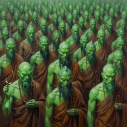 peter elson painting of hundreds of evil green monks highly detailed, digital painting, sharp focus,