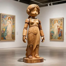 octane render ultra photorealistic hyper detailed, a very very cute wooden mystical statue robot of the roman godess natural in a contemporary art gallery in neo tokyo artwork by alphonse mucha greg rutkowski